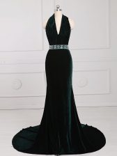 Fashion Sleeveless Elastic Woven Satin Brush Train Zipper Prom Party Dress in Dark Green with Beading