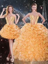  Floor Length Lace Up Quinceanera Gowns Orange for Military Ball and Sweet 16 and Quinceanera with Beading and Ruffles
