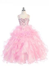  Sleeveless Floor Length Beading and Ruffles Lace Up Kids Formal Wear with Baby Pink