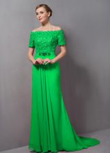  Chiffon Zipper Prom Evening Gown Short Sleeves Sweep Train Lace