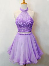 Fine Sleeveless Knee Length Beading Lace Up Quinceanera Court of Honor Dress with Lavender