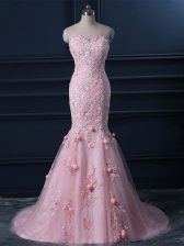  Sleeveless Brush Train Lace Up Appliques and Hand Made Flower Prom Evening Gown
