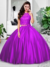 Luxurious Eggplant Purple Two Pieces Halter Top Sleeveless Taffeta Floor Length Zipper Lace and Ruching Quinceanera Gown