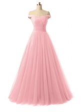 Best Selling Baby Pink Off The Shoulder Neckline Ruching Prom Dress Sleeveless Lace Up