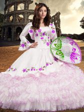 Nice White Organza Lace Up Square Long Sleeves Floor Length Quinceanera Gowns Embroidery and Ruffled Layers