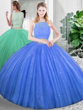  Baby Blue Sleeveless Floor Length Lace and Ruching Zipper Quinceanera Gown
