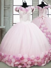 Fine Pink Quinceanera Dress Military Ball and Sweet 16 and Quinceanera with Hand Made Flower Off The Shoulder Sleeveless Brush Train Lace Up