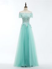 Luxurious Scalloped Short Sleeves Tulle Evening Dress Lace and Appliques Lace Up