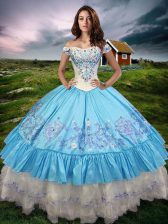 Taffeta Off The Shoulder Sleeveless Lace Up Beading and Embroidery and Ruffled Layers Ball Gown Prom Dress in Baby Blue