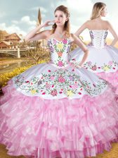 Fantastic Organza and Taffeta Sweetheart Sleeveless Lace Up Embroidery and Ruffled Layers 15 Quinceanera Dress in Rose Pink 
