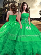 Glittering Green Ball Gowns Taffeta Strapless Sleeveless Embroidery and Ruffled Layers Floor Length Zipper 15 Quinceanera Dress