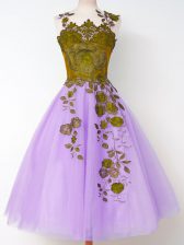 Artistic Lavender A-line Straps Sleeveless Tulle Knee Length Lace Up Appliques Quinceanera Court Dresses