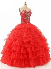  Red Ball Gowns Beading and Ruffled Layers Sweet 16 Quinceanera Dress Lace Up Organza Sleeveless Floor Length