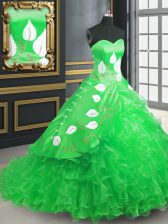  Green Ball Gowns Embroidery and Ruffles Sweet 16 Dresses Lace Up Organza Sleeveless