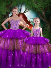  Purple Lace Up Sweetheart Beading and Ruffled Layers Vestidos de Quinceanera Organza Sleeveless