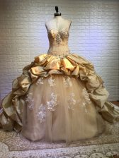 Free and Easy Gold Taffeta and Tulle Lace Up 15th Birthday Dress Sleeveless Court Train Beading and Appliques and Pick Ups