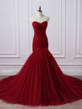 New Style Wine Red Mermaid Tulle Sweetheart Sleeveless Ruching Lace Up Prom Party Dress Court Train