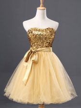  Gold Tulle Zipper Sweetheart Sleeveless Mini Length Prom Party Dress Sequins