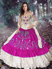 Fine Fuchsia Taffeta Lace Up Off The Shoulder Sleeveless Floor Length Quinceanera Gown Embroidery and Ruffled Layers