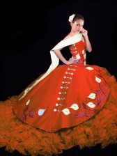 Fantastic Embroidery and Ruffles 15th Birthday Dress Rust Red Lace Up Sleeveless Brush Train