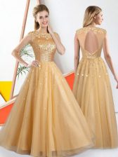 Modern Sleeveless Backless Floor Length Beading and Lace Dama Dress