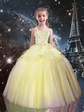  Straps Sleeveless Pageant Gowns For Girls Floor Length Beading Light Yellow Tulle