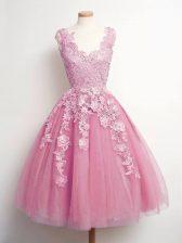 Traditional Pink Sleeveless Tulle Lace Up Quinceanera Court Dresses for Prom and Party and Wedding Party