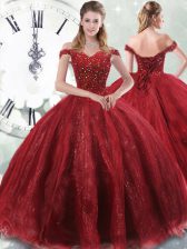 Gorgeous Off The Shoulder Sleeveless Brush Train Lace Up Quince Ball Gowns Wine Red Tulle
