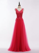  Coral Red Tulle Backless Sleeveless Floor Length Lace and Appliques