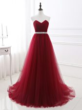  Sleeveless Tulle Brush Train Lace Up Homecoming Dress in Wine Red with Beading