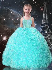  Straps Sleeveless Little Girls Pageant Dress Floor Length Beading and Ruffles Turquoise Organza