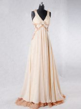 Custom Design Champagne Backless Beading and Lace and Hand Made Flower Sleeveless Sweep Train