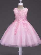 Fashionable Sleeveless Knee Length Appliques Zipper Flower Girl Dresses for Less with Baby Pink