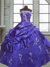 Decent Purple Ball Gowns Strapless Sleeveless Taffeta Floor Length Zipper Appliques and Pick Ups 15th Birthday Dress