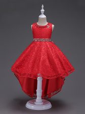  Red Lace Lace Up Custom Made Sleeveless High Low Beading