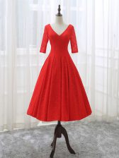 Modern Red A-line V-neck Half Sleeves Lace Tea Length Lace Up Lace and Appliques Prom Party Dress