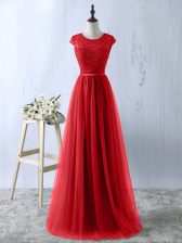 Cheap Tulle Short Sleeves Floor Length Prom Gown and Lace