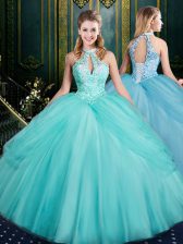  Aqua Blue Ball Gowns Beading and Pick Ups Quinceanera Dresses Lace Up Tulle Sleeveless Floor Length