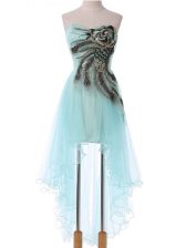  Appliques Prom Party Dress Aqua Blue Lace Up Sleeveless High Low