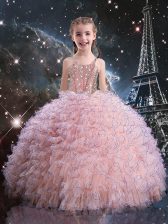  Short Sleeves Organza Floor Length Lace Up Little Girls Pageant Dress in Pink with Beading and Ruffles