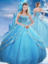 Lovely Baby Blue Ball Gowns Sweetheart Sleeveless Tulle Floor Length Lace Up Beading and Appliques and Sequins Quinceanera Gowns