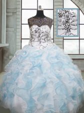 Nice Blue And White Quince Ball Gowns Military Ball and Sweet 16 and Quinceanera with Beading and Ruffles Scoop Sleeveless Lace Up