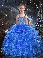  Blue Ball Gowns Organza Straps Sleeveless Beading and Ruffles Floor Length Lace Up Pageant Gowns For Girls