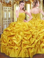  Ball Gowns Quinceanera Gowns Gold Spaghetti Straps Taffeta Sleeveless Floor Length Lace Up