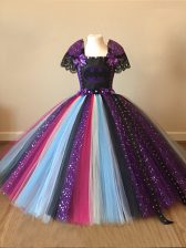 Glamorous Square Short Sleeves Flower Girl Dress Floor Length Sequins and Pattern Multi-color Tulle