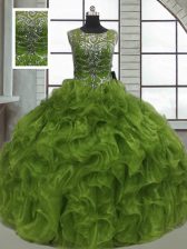 Vintage Olive Green Organza Lace Up 15th Birthday Dress Sleeveless Floor Length Beading and Ruffles
