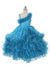 Discount Teal Girls Pageant Dresses Wedding Party with Lace and Ruffles and Ruffled Layers Asymmetric Sleeveless Lace Up