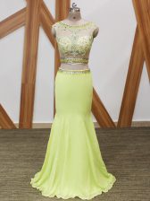  Floor Length Zipper Prom Gown Yellow Green for Prom and Party and Sweet 16 with Beading and Lace and Appliques