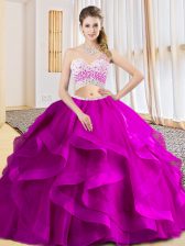  One Shoulder Sleeveless Quinceanera Gown Floor Length Beading and Ruffles Fuchsia Tulle