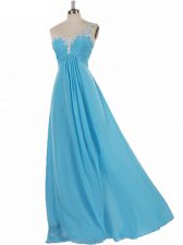  Empire Quinceanera Court of Honor Dress Aqua Blue One Shoulder Chiffon Sleeveless Floor Length Zipper